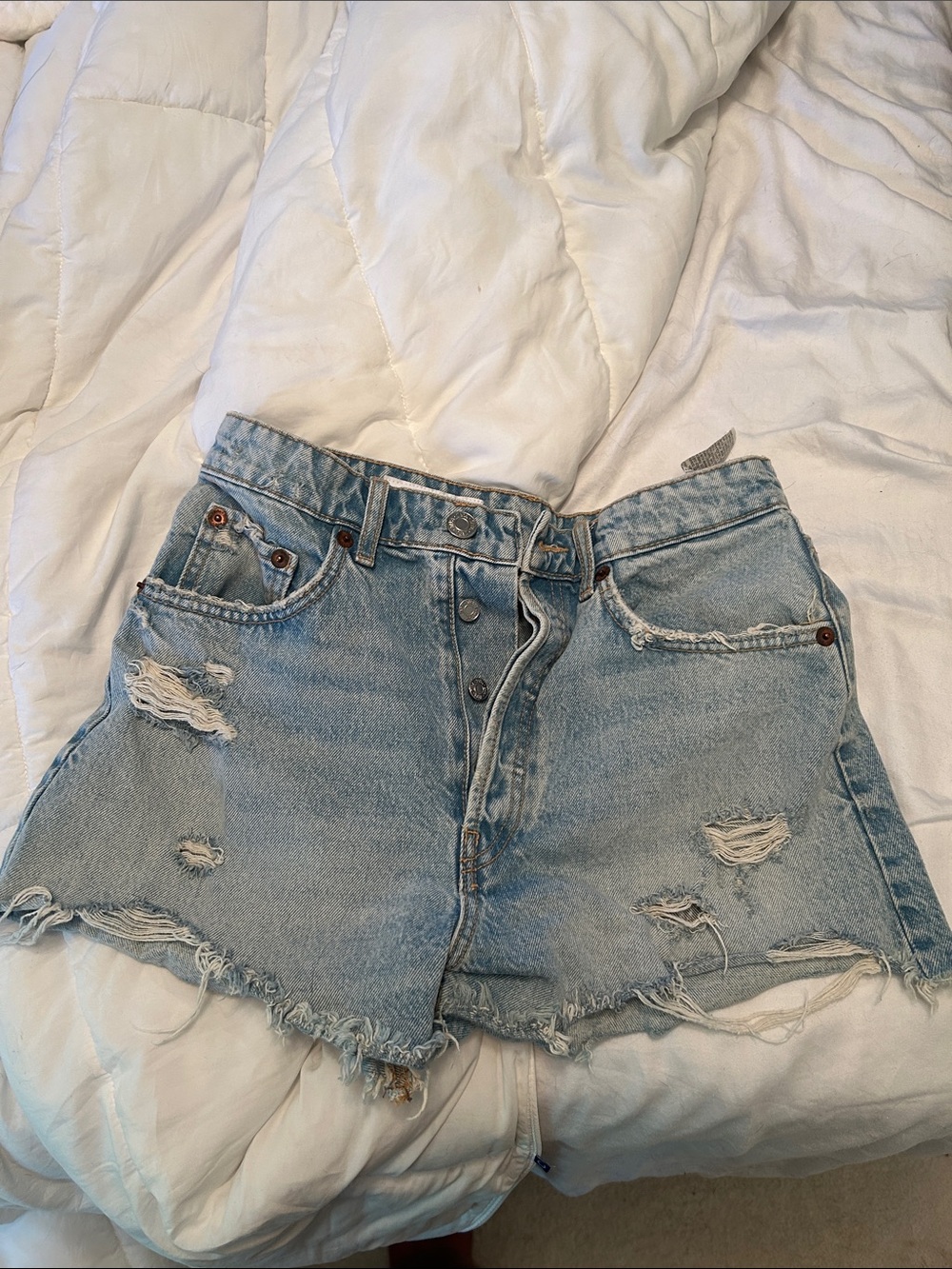 Zara Light Blue Button Down Distressed Denim Shorts